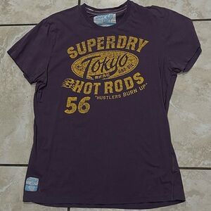 Vintage Retro Superdry Dark Purple Tee with Yellow Graphic